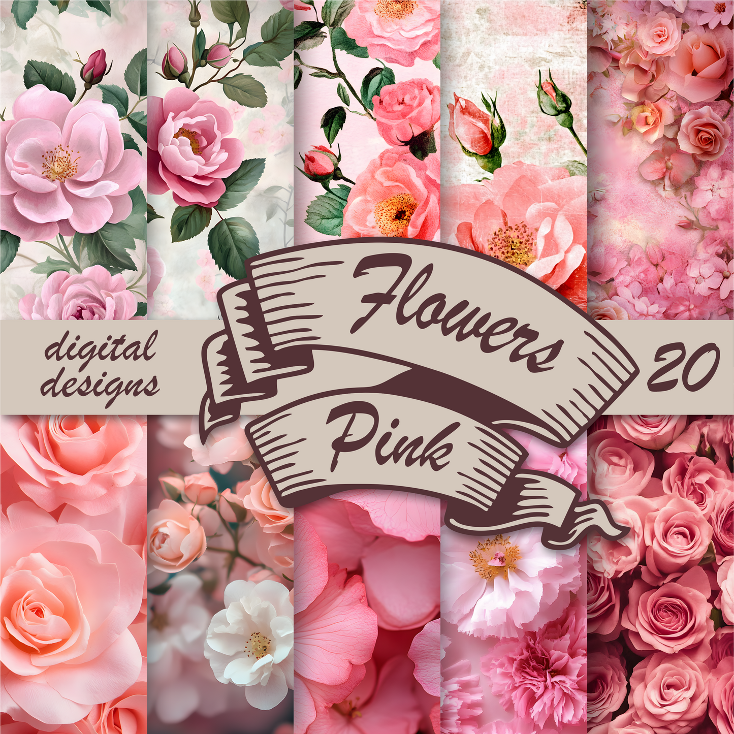 🌸Pack Digital de Flores Rosas para Imprimir | 20 Diseños + Hojas A4 para Recortar + 24 imagenes png