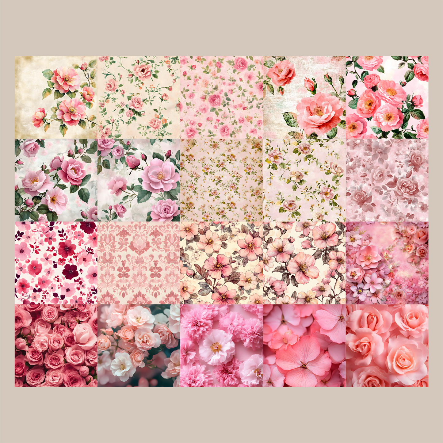 🌸Pack Digital de Flores Rosas para Imprimir | 20 Diseños + Hojas A4 para Recortar + 24 imagenes png