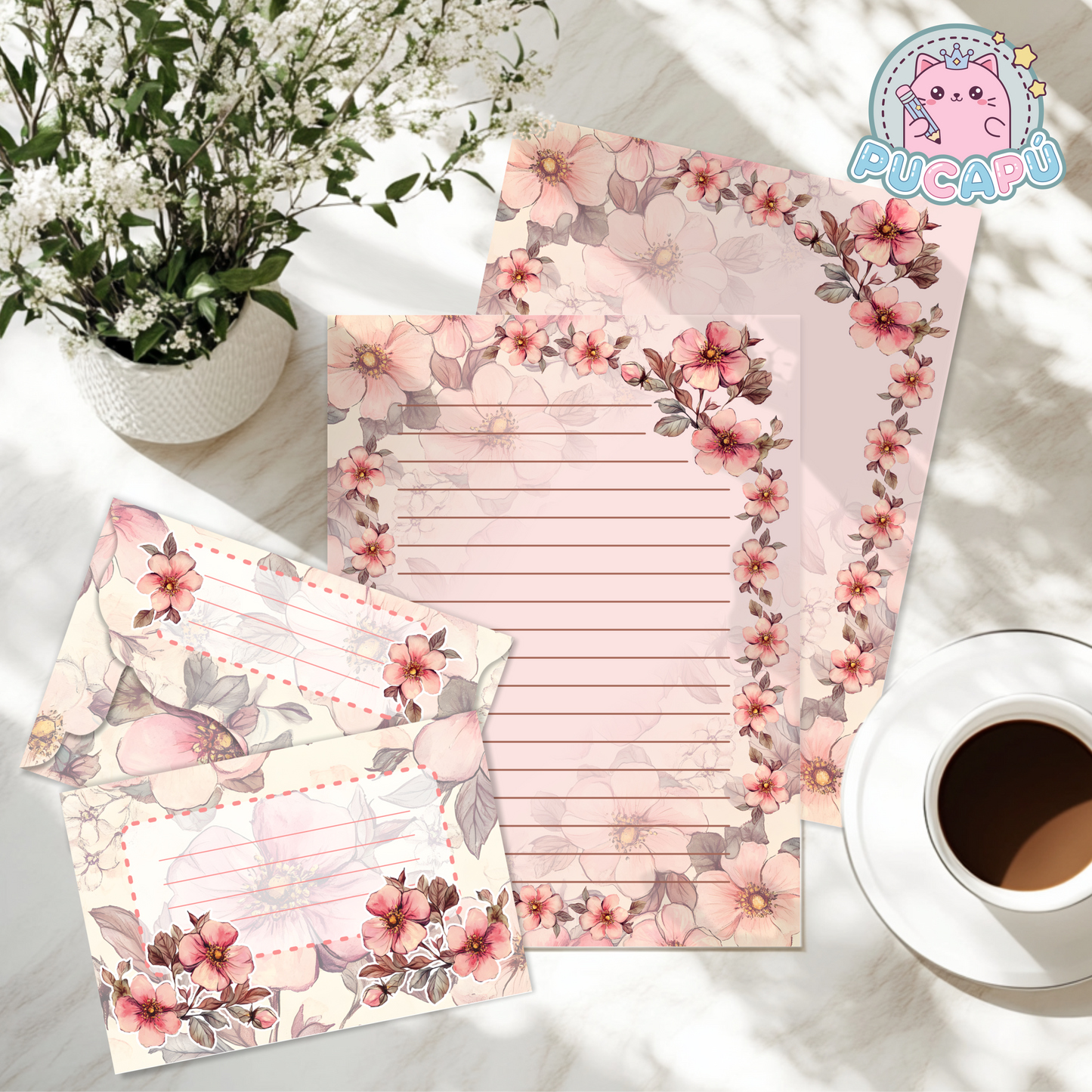 Papeles de carta con sobre a juego para imprimir y armar - "FLORES ROSADAS" - PDF