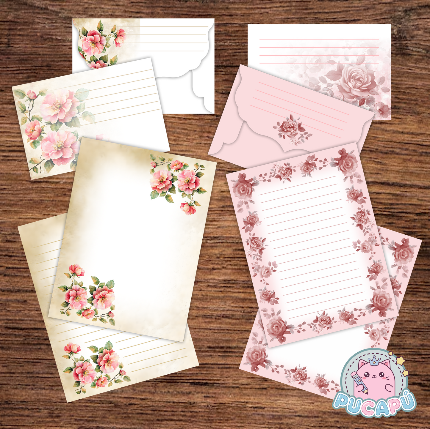 Papeles de carta con sobre a juego para imprimir y armar - "FLORES ROSADAS" - PDF