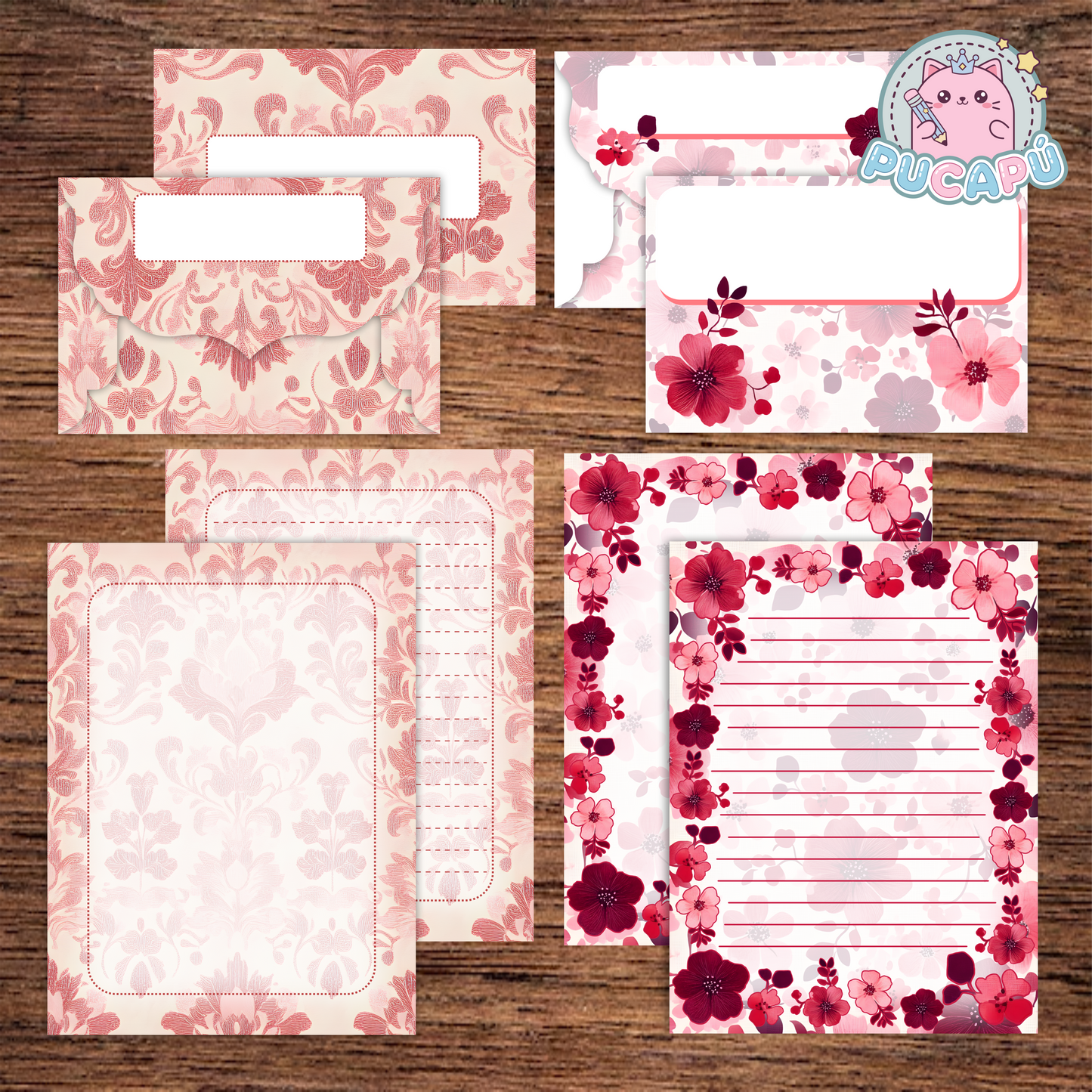 Papeles de carta con sobre a juego para imprimir y armar - "FLORES ROSADAS" - PDF