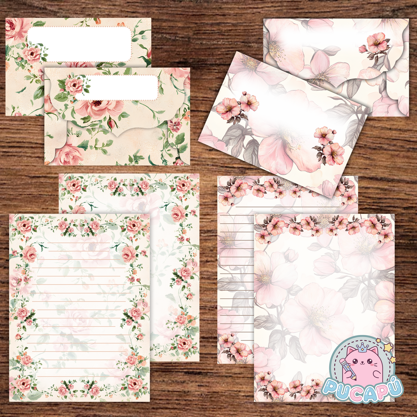 Papeles de carta con sobre a juego para imprimir y armar - "FLORES ROSADAS" - PDF