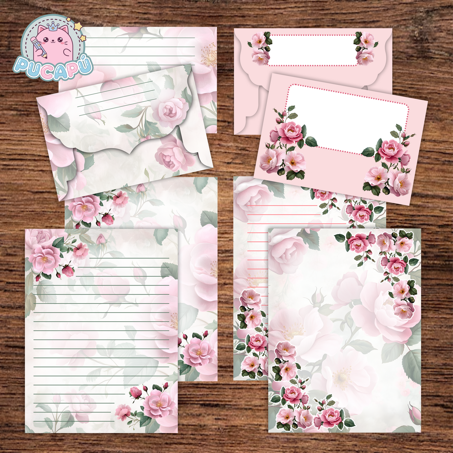 Papeles de carta con sobre a juego para imprimir y armar - "FLORES ROSADAS" - PDF