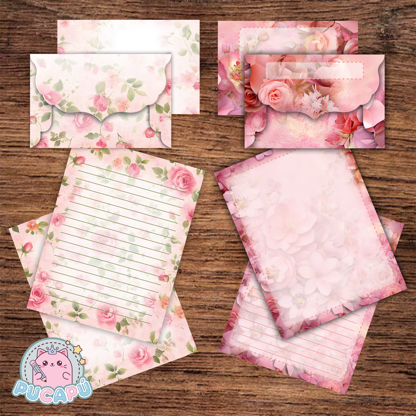Papeles de carta con sobre a juego para imprimir y armar - "FLORES ROSADAS" - PDF