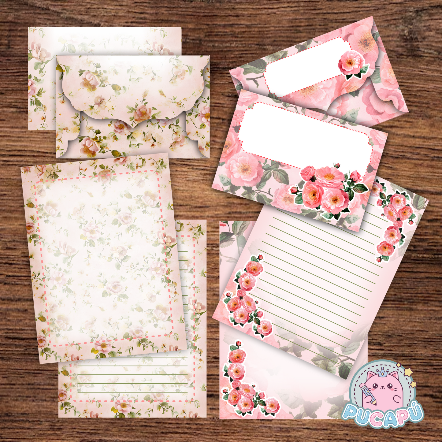 Papeles de carta con sobre a juego para imprimir y armar - "FLORES ROSADAS" - PDF