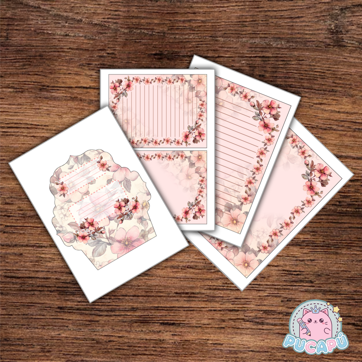 Papeles de carta con sobre a juego para imprimir y armar - "FLORES ROSADAS" - PDF